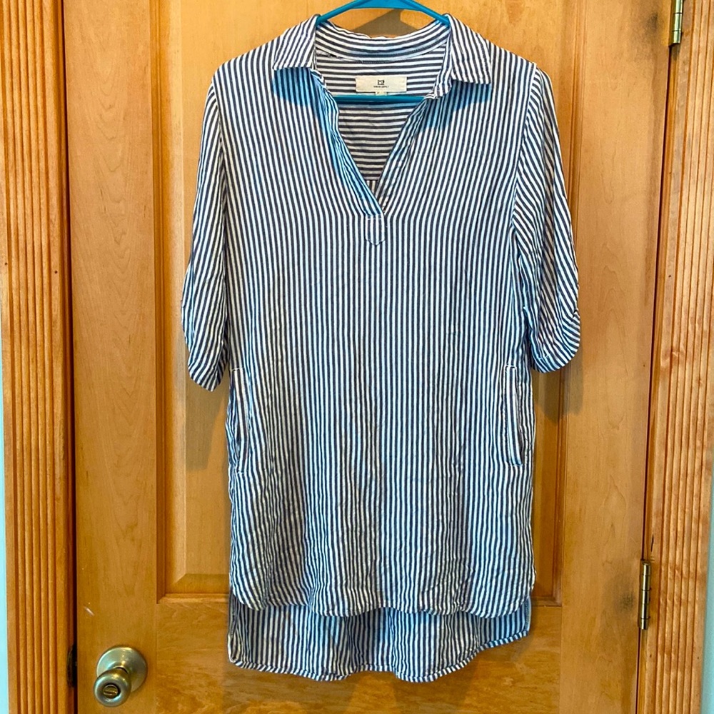 Thread & Supply Blue and White Striped Dress Swimsuit Cover with Pockets - XS